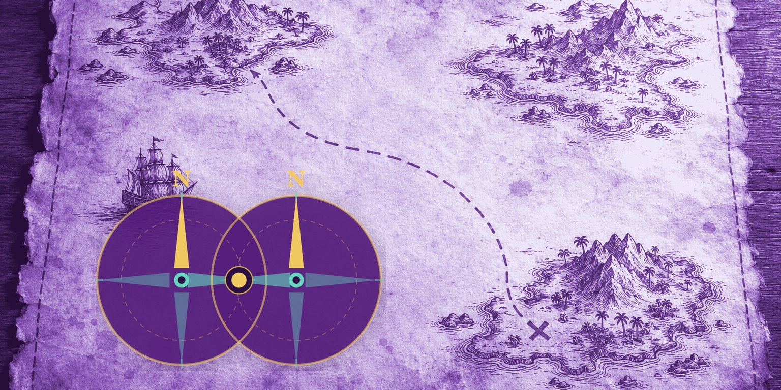 An aged nautical chart in shades of purple showing islands, a sailing ship and a plotted course ending at a marked X, with the twin-compass mark laid on it